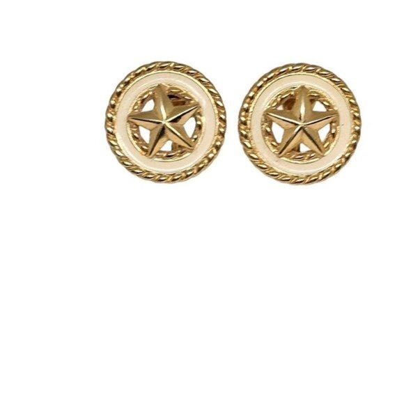 Vintage signed Monet Gold Tone Cream Enamel With Center Star Clip On Earrings - Picture 3 of 13